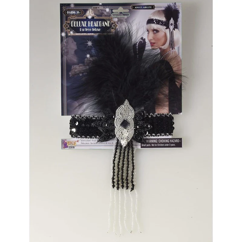 Black deluxe flapper headband with feathers