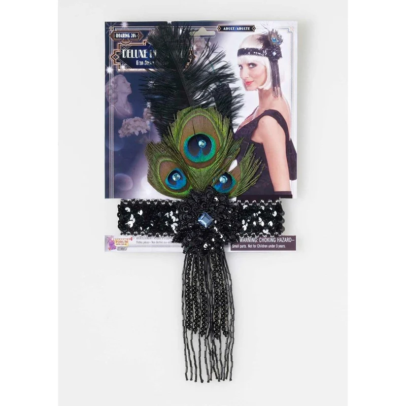 Black flapper headband with peacock feathers for adults