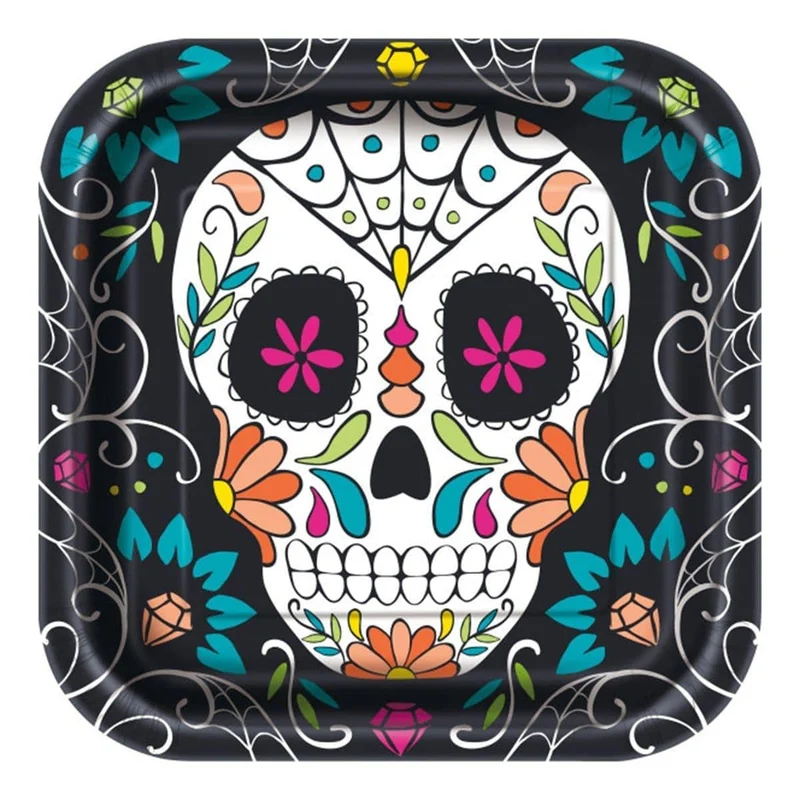 Day of the Dead Sugar Skulls paper plates 9 inches, 8 per package