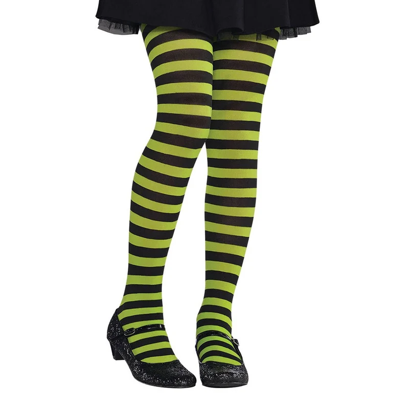 Green and Black Striped Tights for Kids