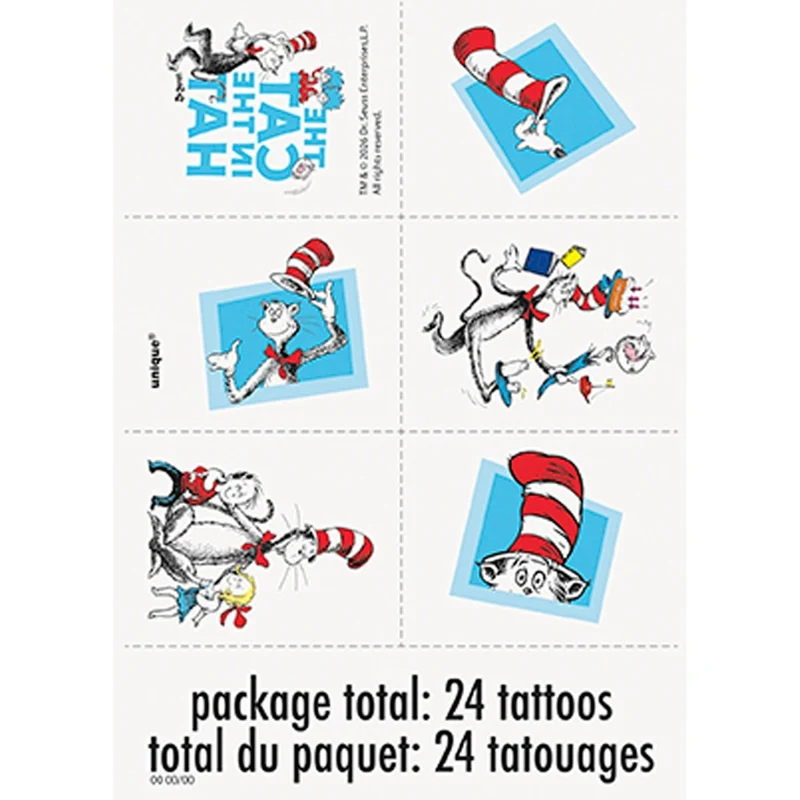Cat In the Hat Birthday Party Temporary Tattoo Sheets, 24 Tattoos, 4 Count