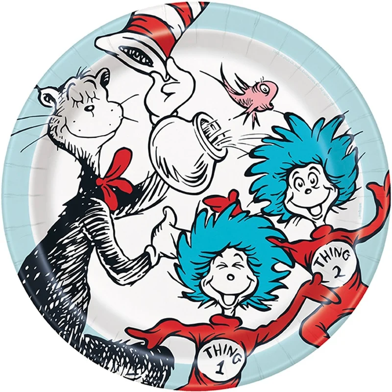 Cat In the Hat Birthday Party Large Lunch Paper Plates, 9 Inches, 8 Count