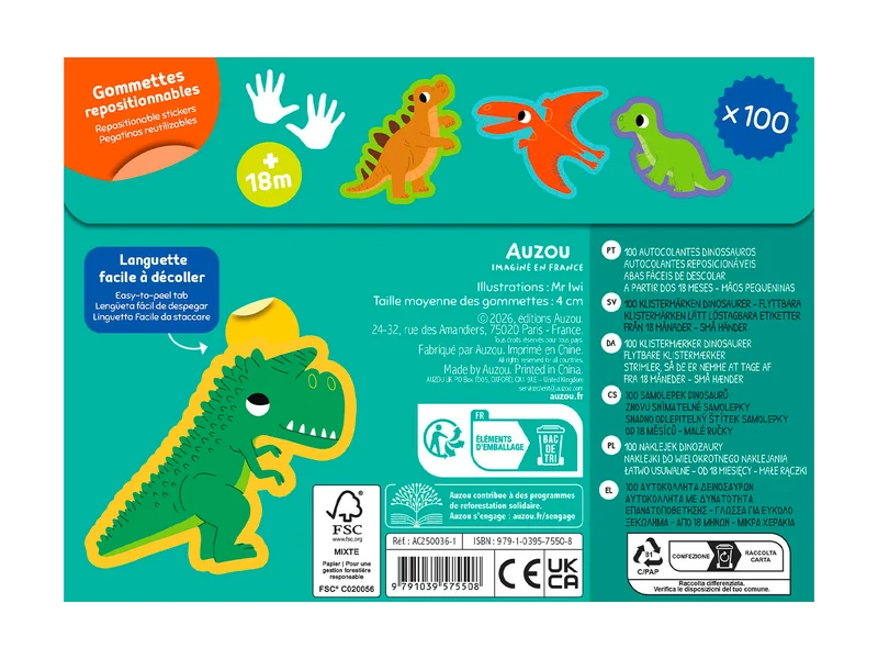 Pochette de 100 gommettes - Dinosaures - Auzou