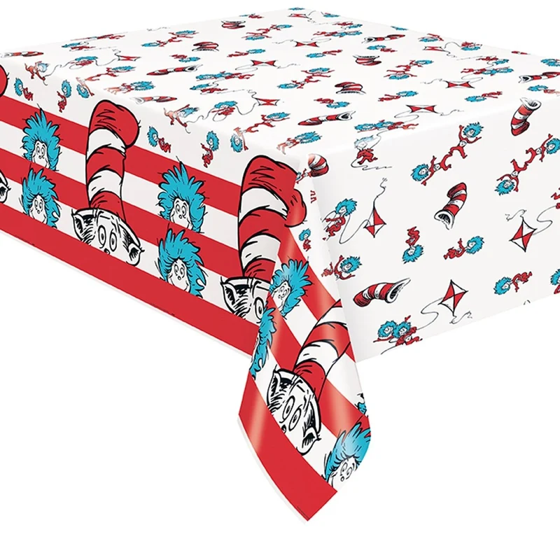 Cat In the Hat Birthday Party Rectangular Plastic Table Cover, 54 x 84 Inches, 1 Count