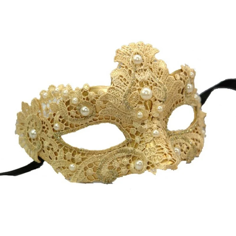 Gold Venetian Lace Mask with Fake Pearl for Adults