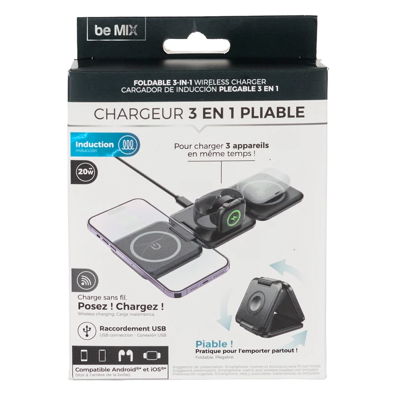 CHARGEUR A INDUCTION PLIABLE 3EN1 20W