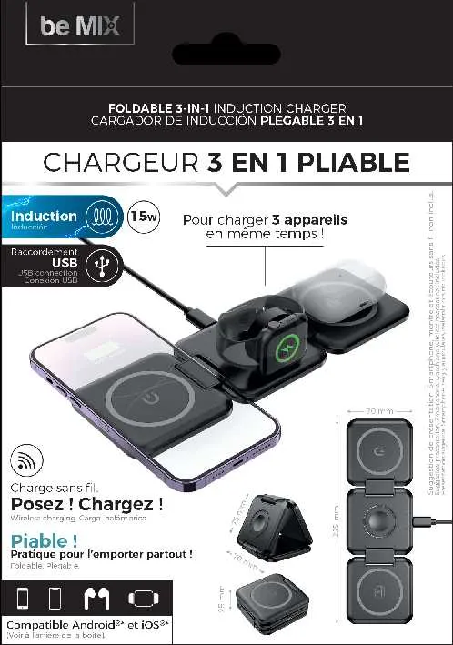 CHARGEUR A INDUCTION PLIABLE 3EN1 20W