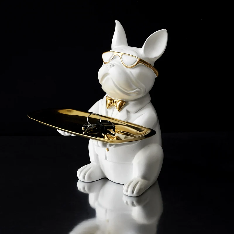 SCULPTURE DECO BULLDOG BLANC VIDE POCHE 23CM