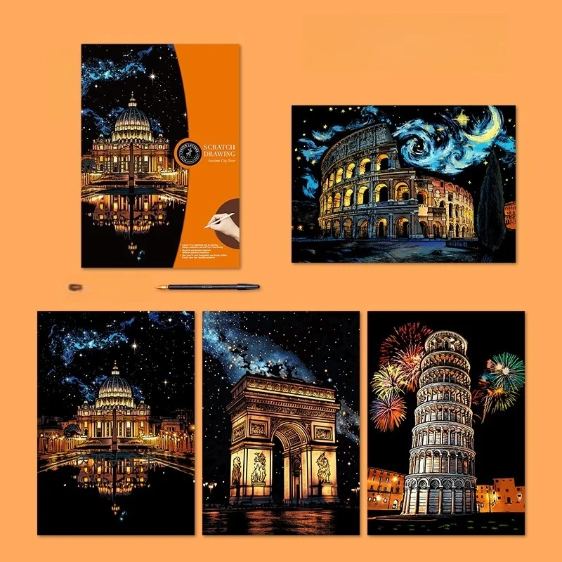 Kit Scratch Art City Night 4 Tableaux Créatifs Anti-Stress