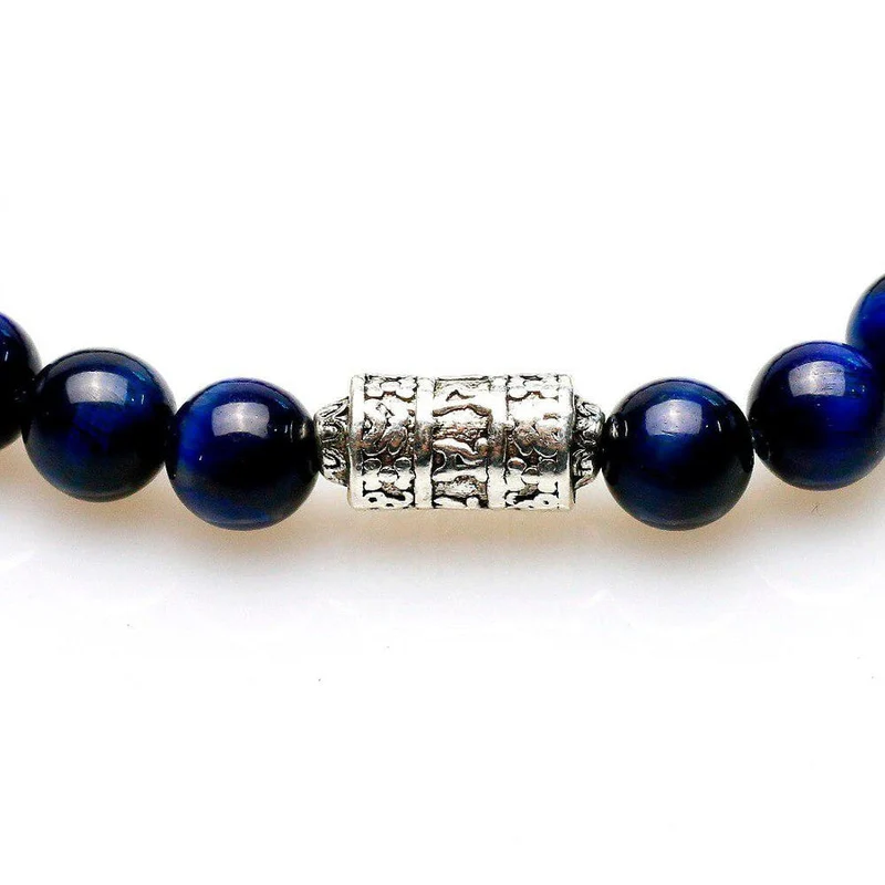 Bracelet Perles de pierres d'Œil de tigre bleu et totem bouddhiste