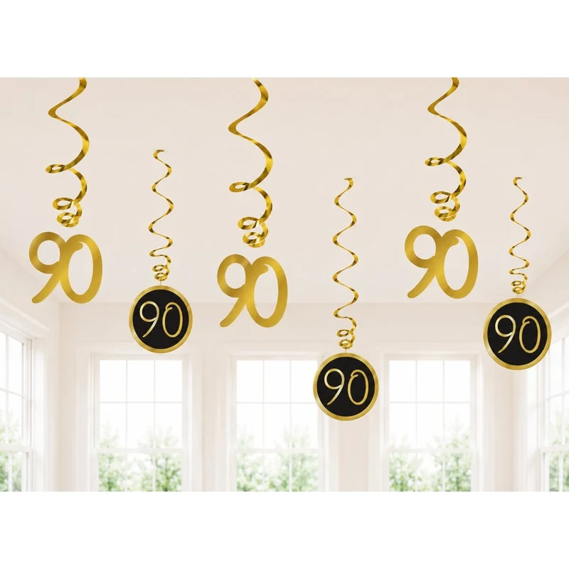 Golden Celebration 90th Birthday Spiral Hanging Decorations, 6 Count