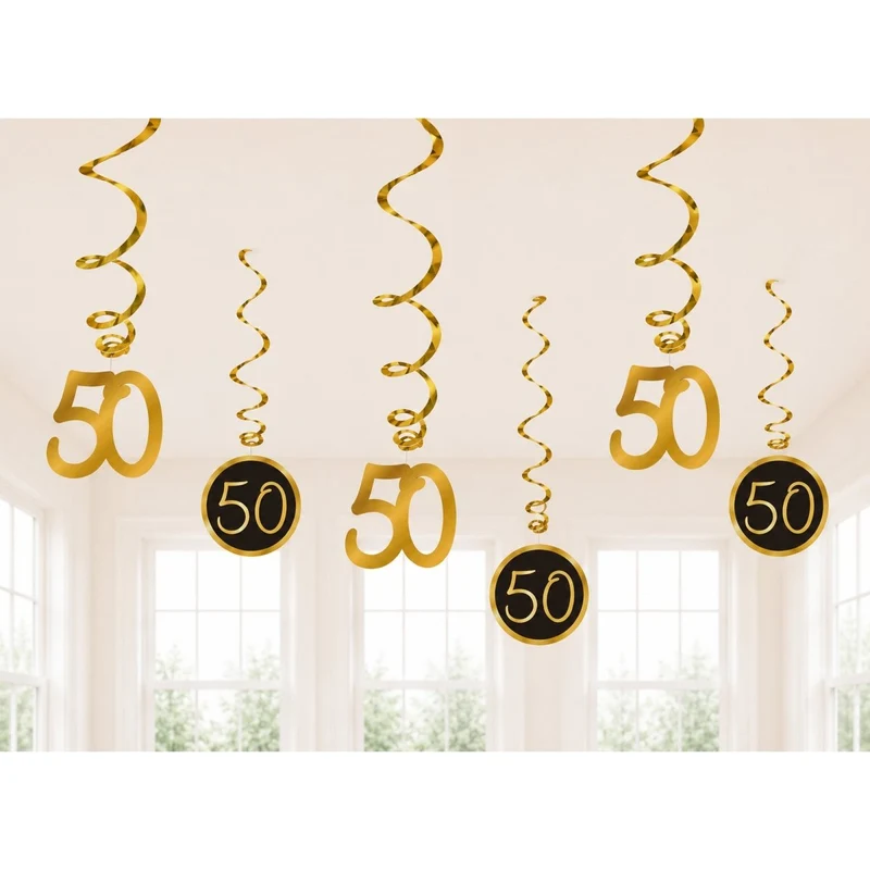 Golden Celebration 50th Birthday Spiral Hanging Decorations, 6 Count
