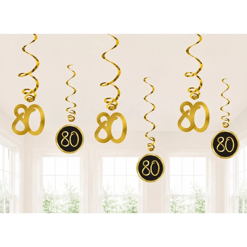 Golden Celebration 80th Birthday Spiral Hanging Decorations, 6 Count