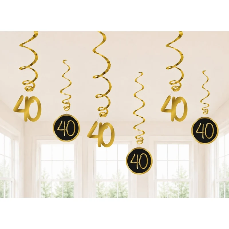 Golden Celebration 40th Birthday Spiral Hanging Decorations, 6 Count