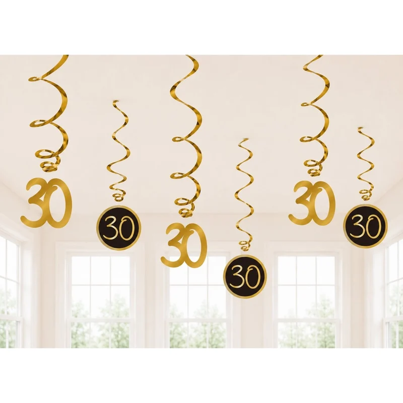 Golden Celebration 30th Birthday Spiral Hanging Decorations, 6 Count
