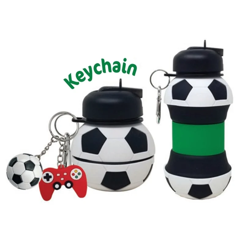 Soccer Ball Collapsible Water Bottle with Keychain and Carabiner, 500ml, 1 Count