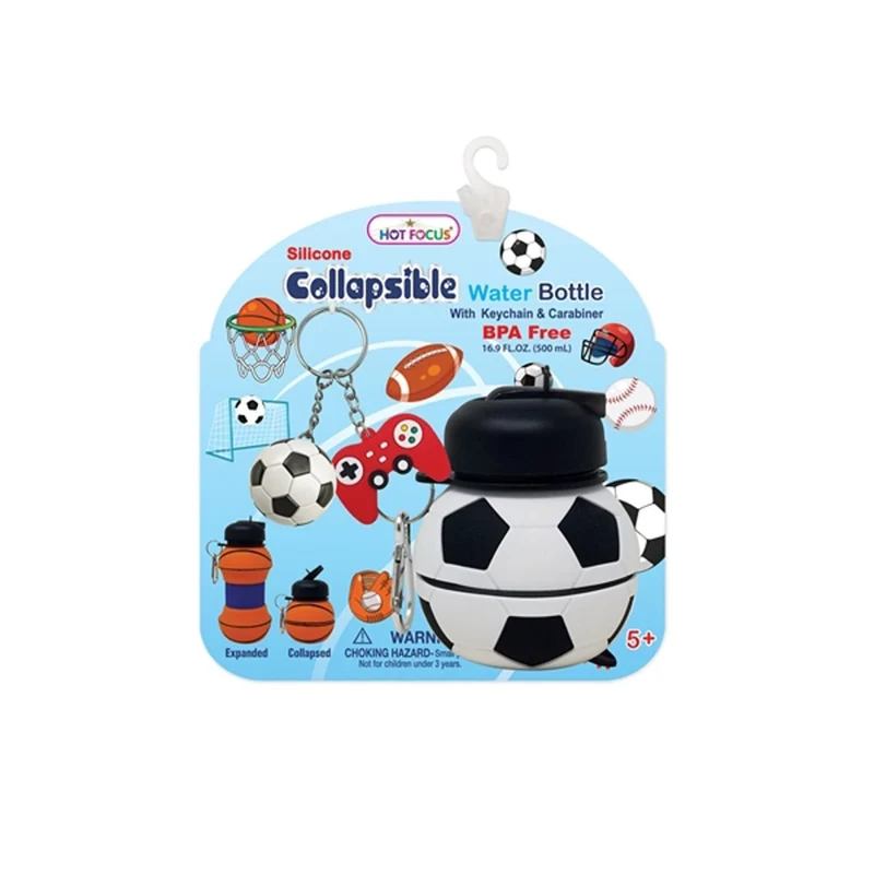 Soccer Ball Collapsible Water Bottle with Keychain and Carabiner, 500ml, 1 Count