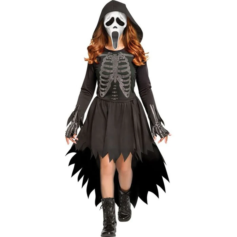 Scream Skele-Stone Ghost Face Costume for Kids, Hooded Dress and Mask