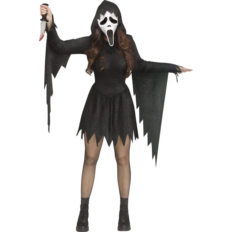 Scream Black Glitter Ghost Face Costume for Adults, Hooded Dress and Mask