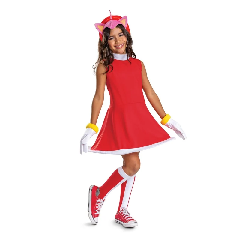 Sonic Amy Rose Costume for Kids, Dress, Headband, Gloves and Socks