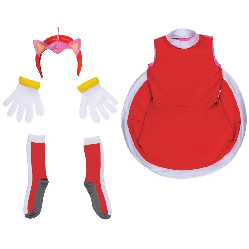 Sonic Amy Rose Costume for Kids, Dress, Headband, Gloves and Socks
