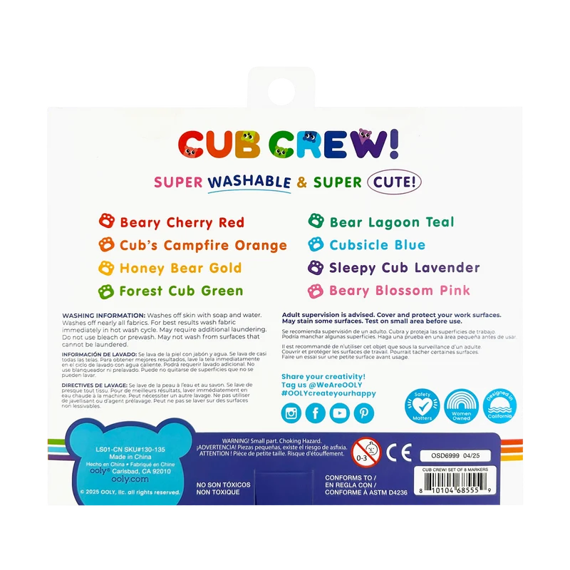 OOLY Cub Crew Washable Markers Set of 8 Vibrant Colors