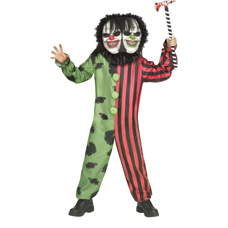 Two Headed Clown Costume for Kids, Jumpsuit and Mask