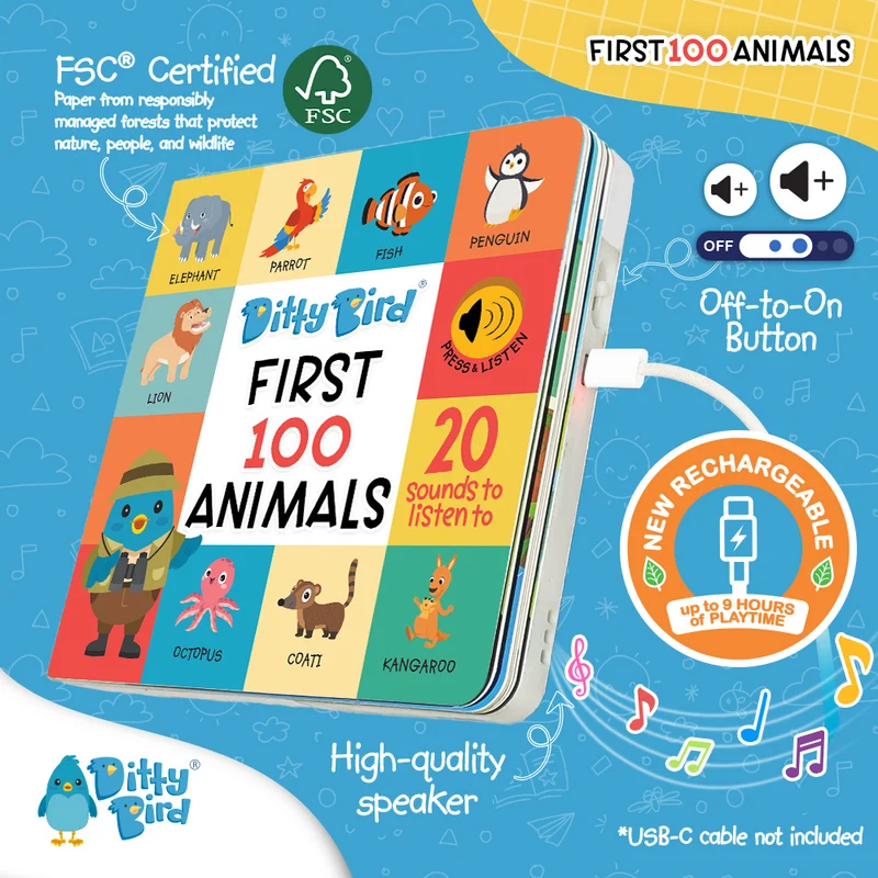Ditty Bird 100 Animals Interactive Sound Book USB-C Rechargeable