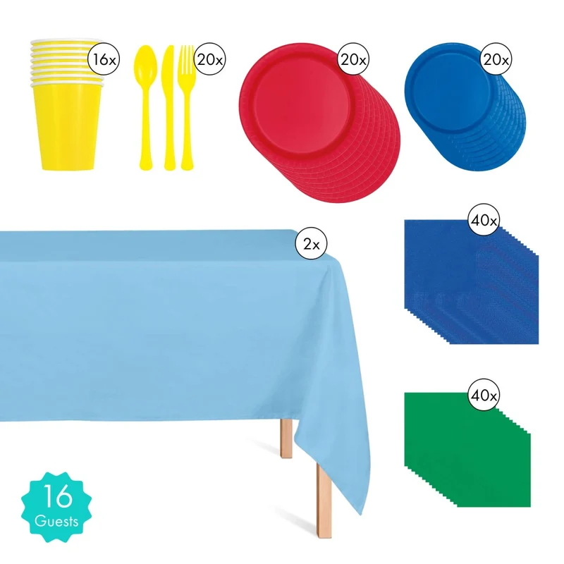 Super Mario Colours Basic Tableware Birthday Party Supplies Kit, 16 Guests