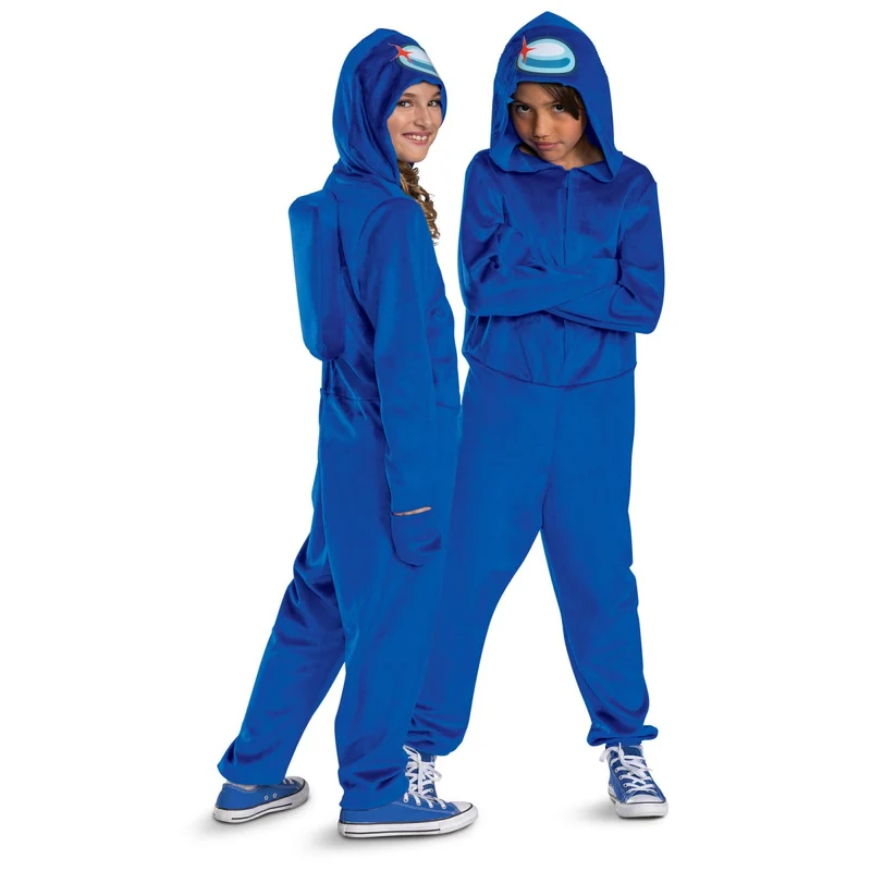 Among Us Blue Imposter Costume for Kids, Hooded Jumpsuit