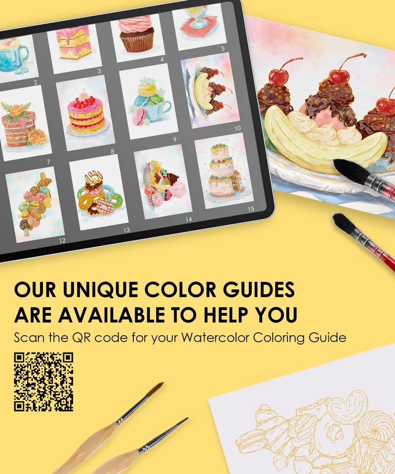 Grabie Dessert-Themed Watercolor Coloring Book 15-Sheet Set
