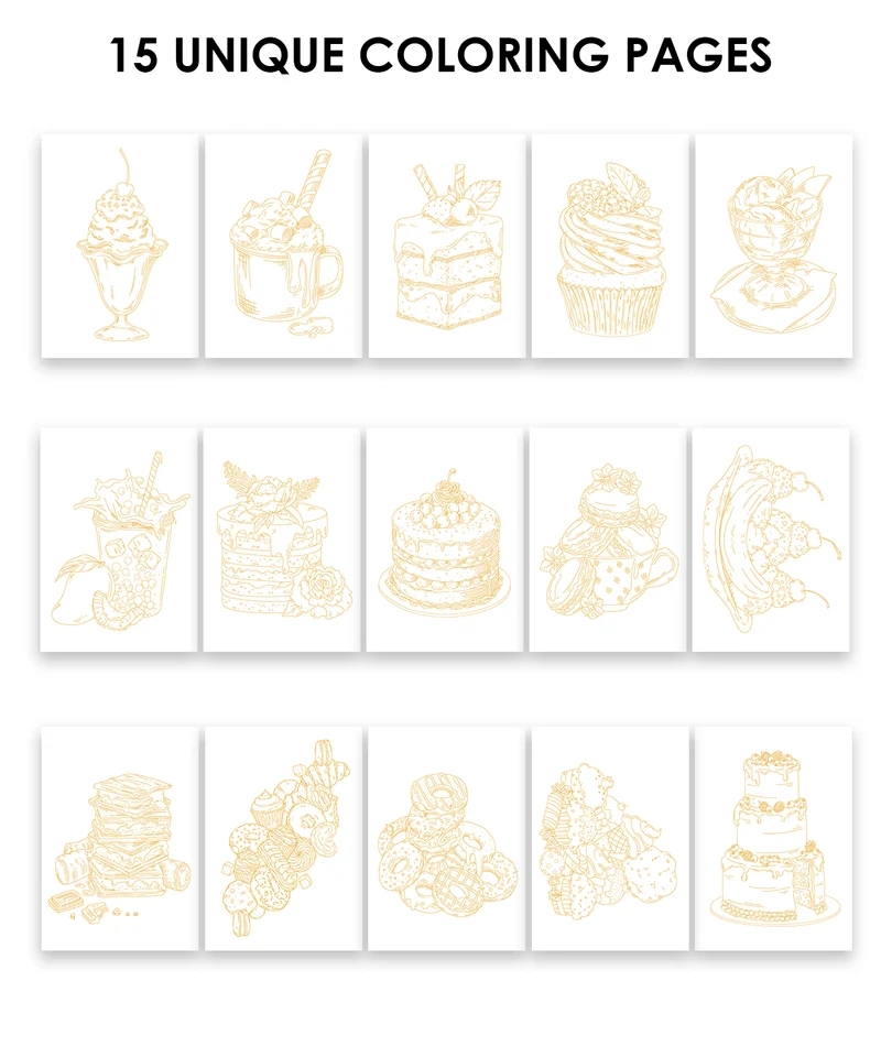 Grabie Dessert-Themed Watercolor Coloring Book 15-Sheet Set