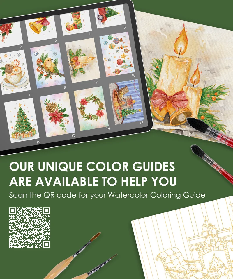 Grabie Holiday-Themed Watercolor Coloring Book 15-Sheet Set