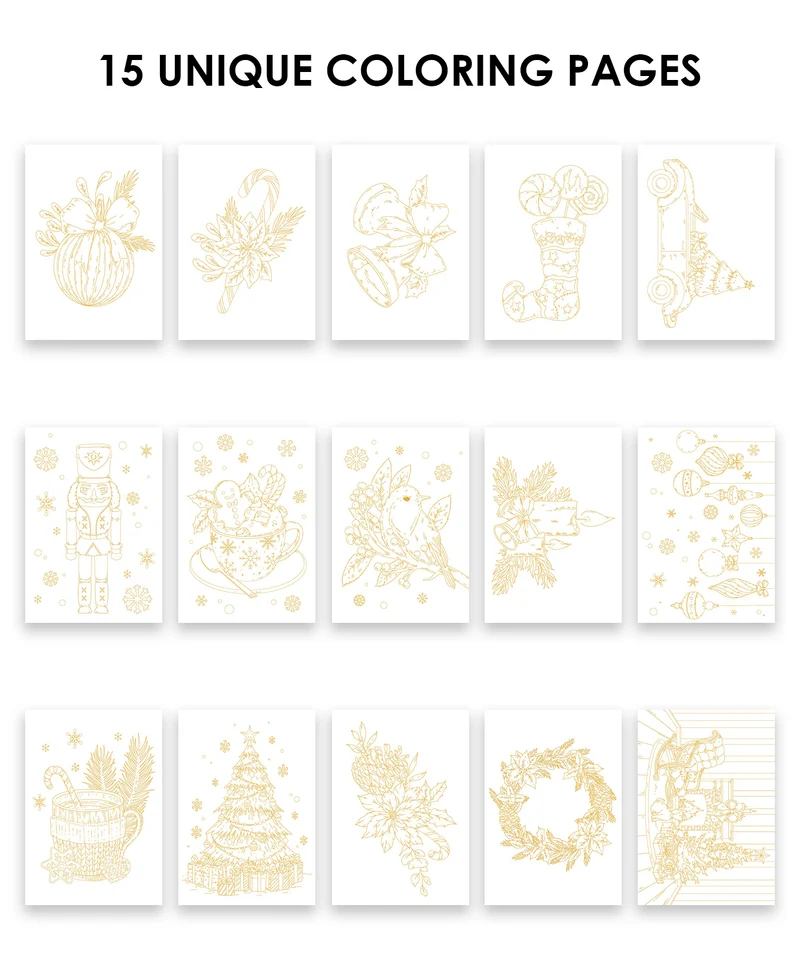 Grabie Holiday-Themed Watercolor Coloring Book 15-Sheet Set