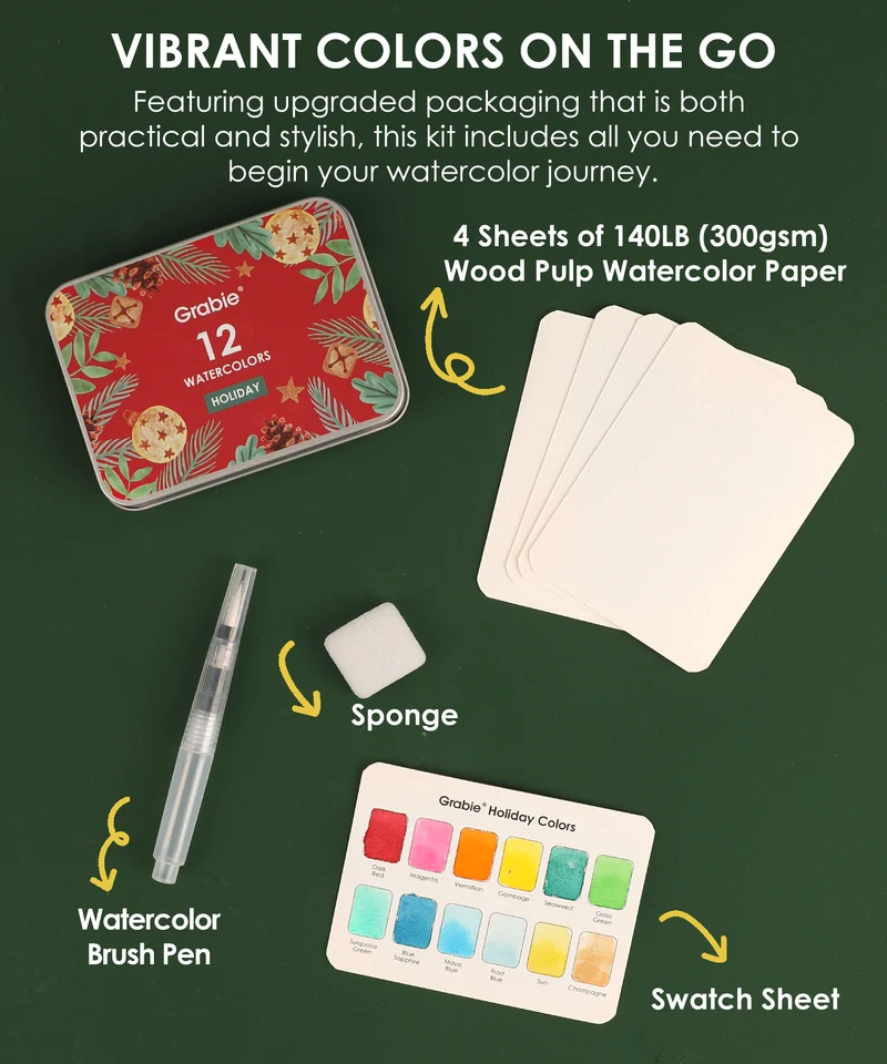 Grabie Watercolor Pocket Set of 12 With Brush Holiday Colors