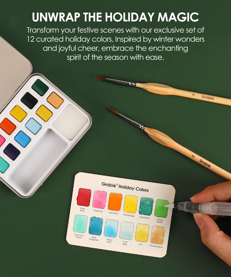 Grabie Watercolor Pocket Set of 12 With Brush Holiday Colors