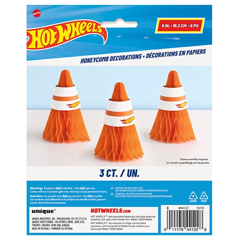 Hot Wheels Birthday Party Honeycomb Traffic Cones Paper Center Piece, 6 Inches, 3 Count