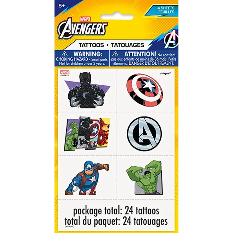 Marvel Avengers Birthday Party Temporary Tattoo Sheets, 24 Tattoos, 4 Count