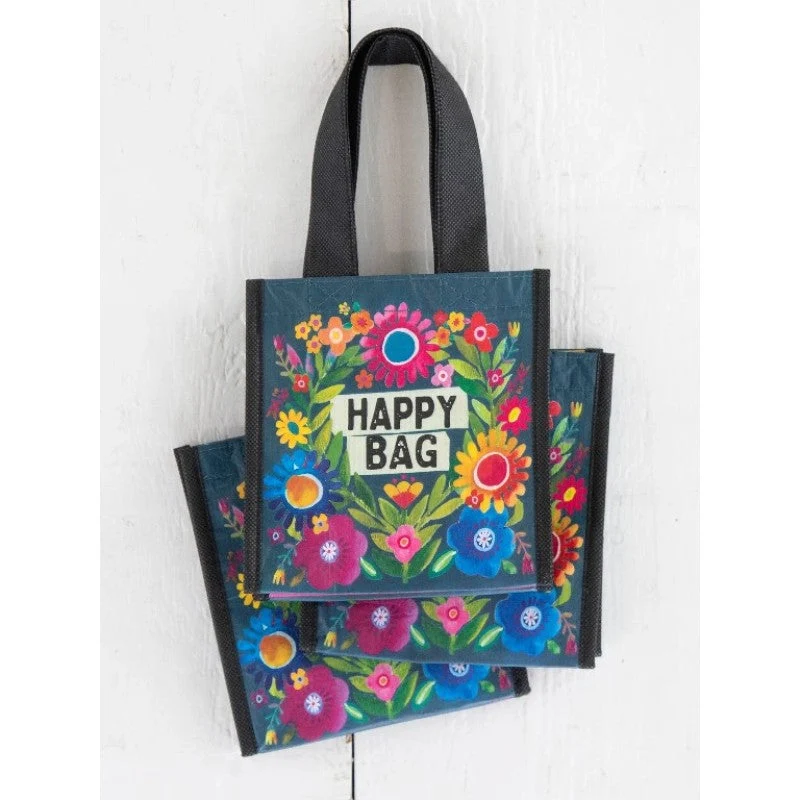 Small Black Floral Recycled Plastic Reusable Gift Bag with Handles