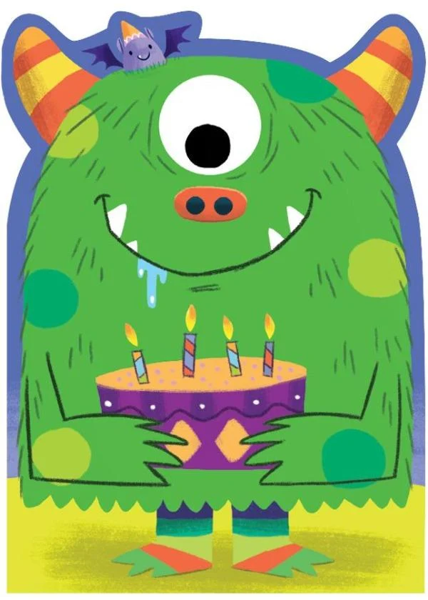 Googly-Eye Monster Flocked Green Birthday Card with Colored Envelope