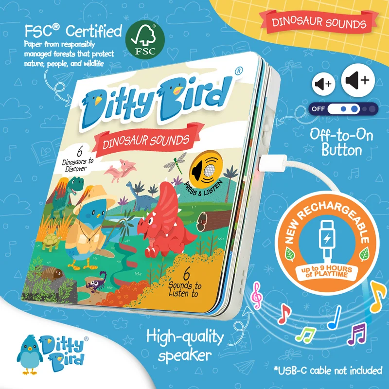 Ditty Bird Dinosaur Sounds Interactive USB-C Rechargeable Musical Board Book