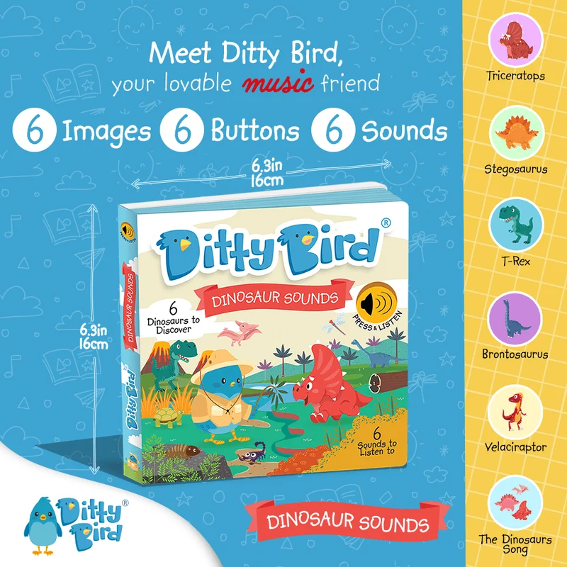 Ditty Bird Dinosaur Sounds Interactive USB-C Rechargeable Musical Board Book