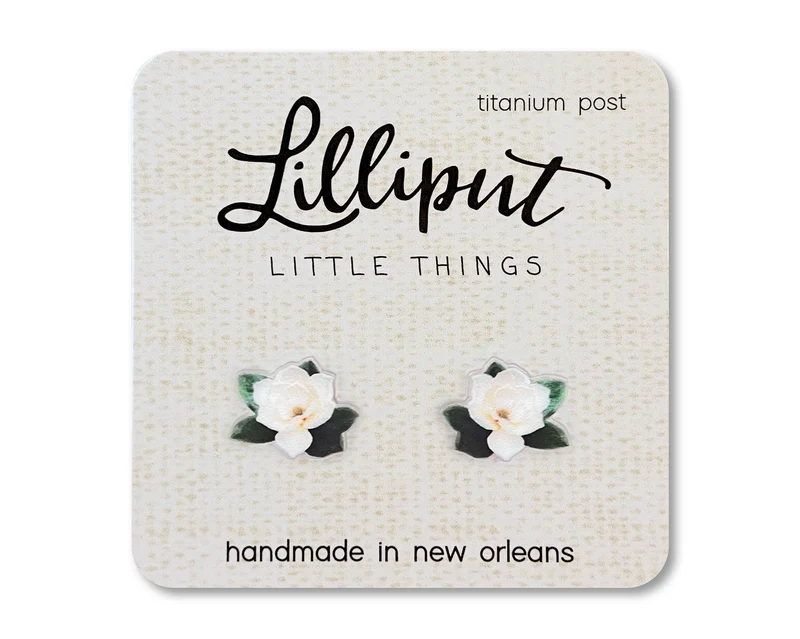 Handmade White Magnolia Blossom Stud Earrings with Titanium Posts