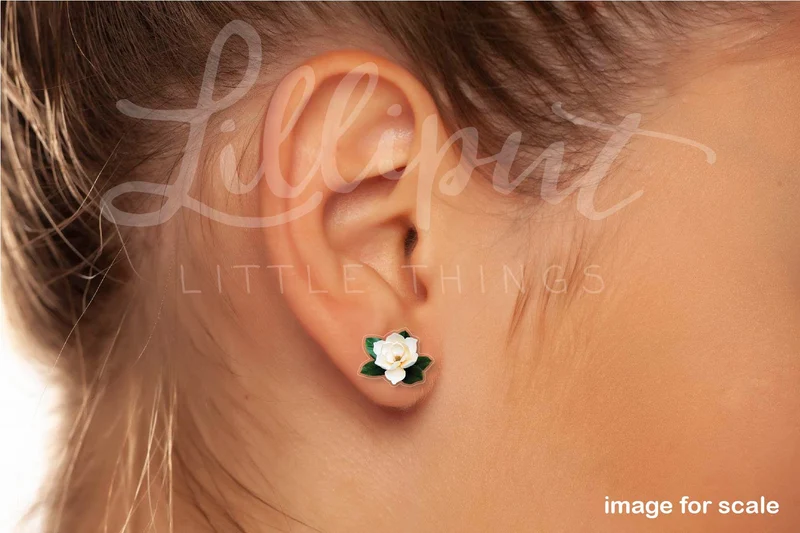 Handmade White Magnolia Blossom Stud Earrings with Titanium Posts