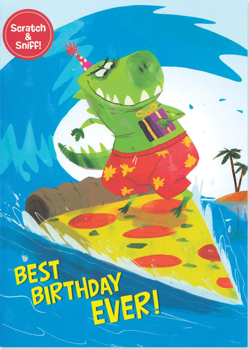 Xtreme Pizza Surfing Scratch and Sniff Scented Greeting Card