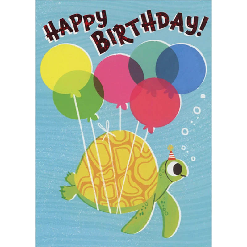Sea Turtle Floating Balloons Kids Birthday Card with Red Foil