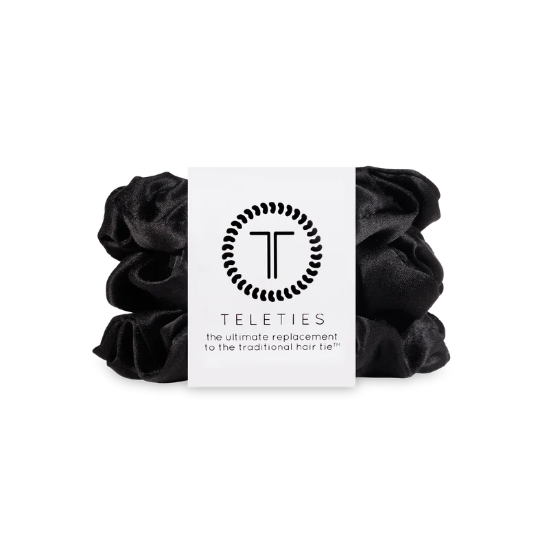 TELETIES Jet Black Large Silk Scrunchies with Strong Grip Coil