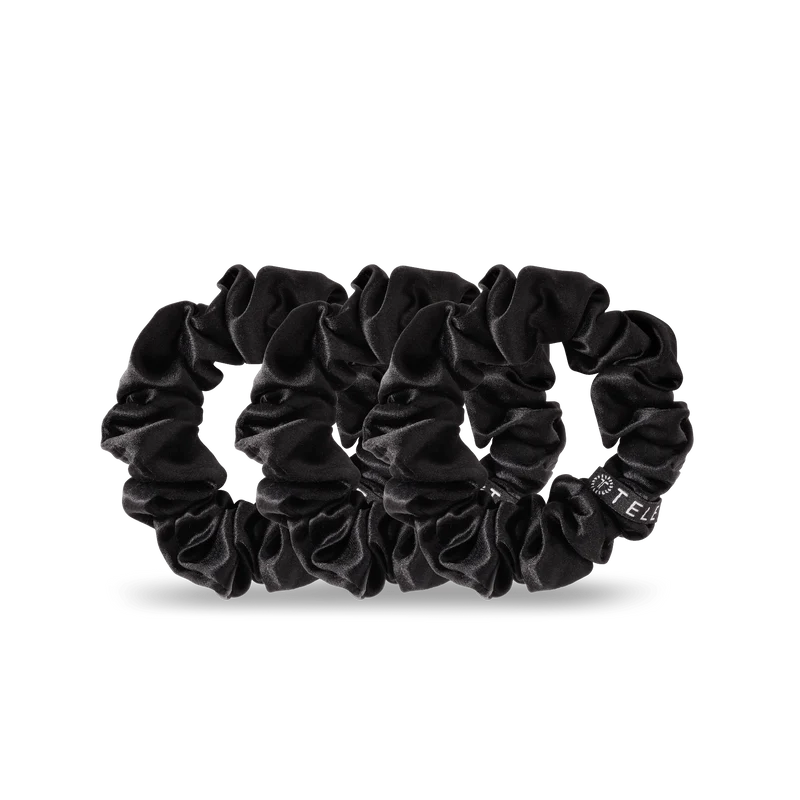 TELETIES Jet Black Large Silk Scrunchies with Strong Grip Coil