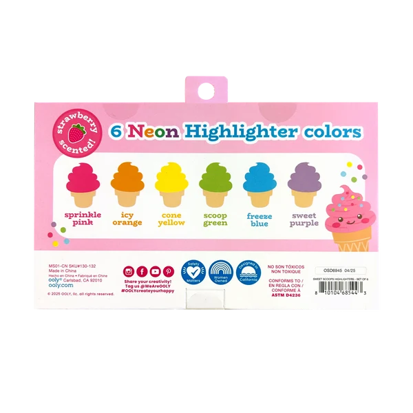 Sweet Scoops Vibrant Scented Neon Highlighters Set of 6 Smudge Proof Markers