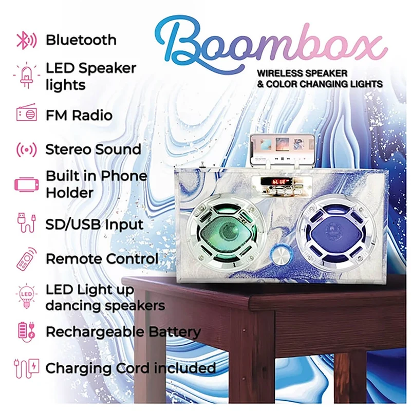Swirl Wireless Bluetooth Boombox with FM Radio and LED Lights